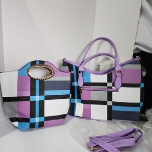 Faux Leather Mod  Purple Blue Black Plaid 2pc Bag Purse Set